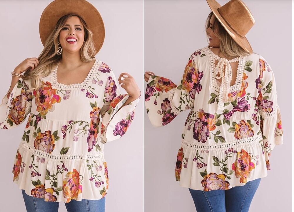 Oddi 1XL Bold And Blissful Floral Shift Top In Cream Floral Print Pink Crochet